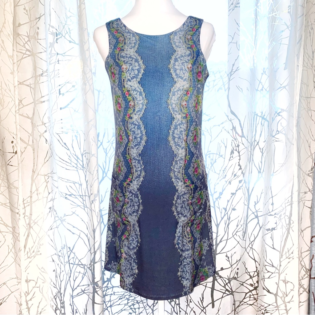 Michal Negrin Blue White Pink Floral Print Stretch Sleeveless Tank Mini Dress